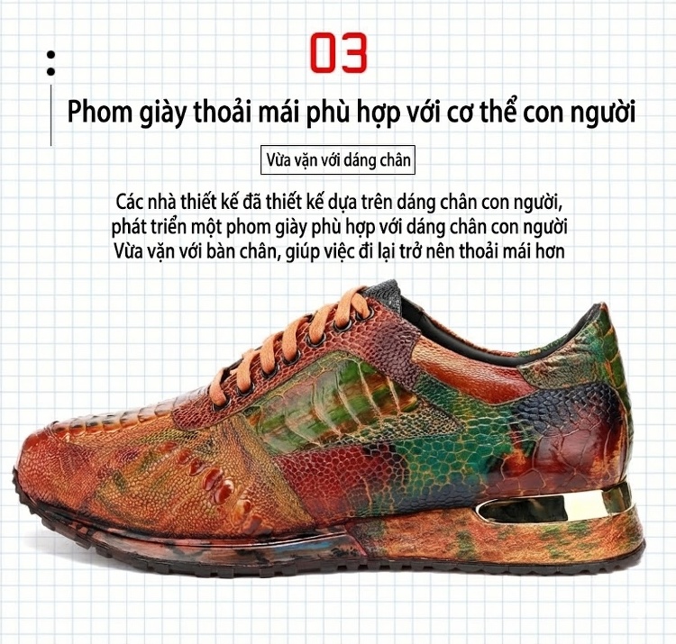 Giày Thể Thao Nam Da Đà Điểu Buộc Dây Chiều Cao Đế Khoảng 3cm Màu Nâu, Đỏ, Xanh... chi tiết 8