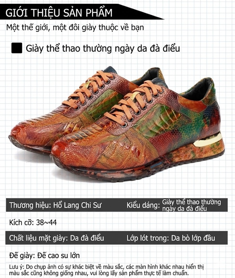 Giày Thể Thao Nam Da Đà Điểu Buộc Dây Chiều Cao Đế Khoảng 3cm Màu Nâu, Đỏ, Xanh... chi tiết 9