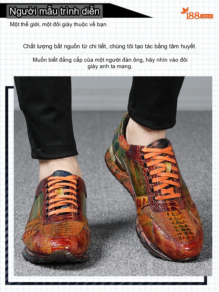 Giày Thể Thao Nam Da Đà Điểu Buộc Dây Chiều Cao Đế Khoảng 3cm Màu Nâu, Đỏ, Xanh... chi tiết 10