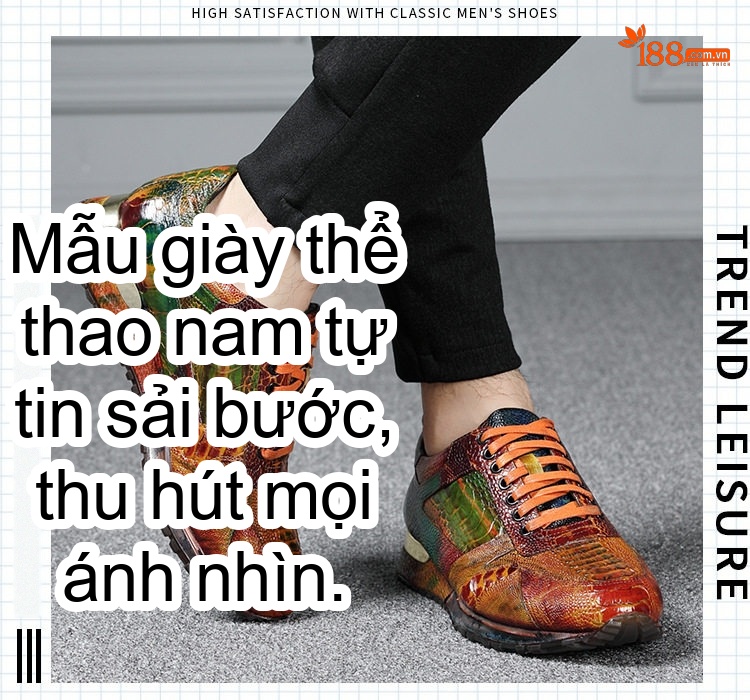 Giày Thể Thao Nam Da Đà Điểu Buộc Dây Chiều Cao Đế Khoảng 3cm Màu Nâu, Đỏ, Xanh... chi tiết 11