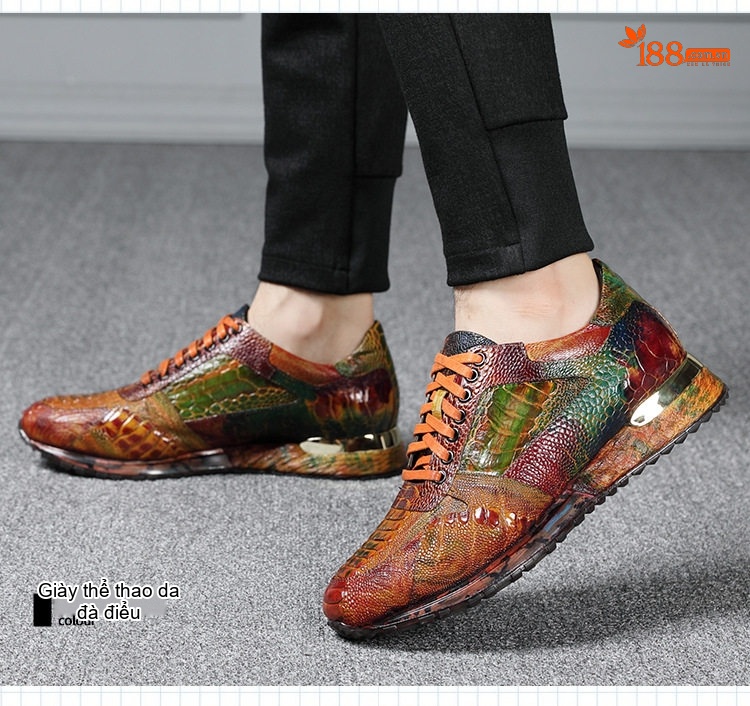Giày Thể Thao Nam Da Đà Điểu Buộc Dây Chiều Cao Đế Khoảng 3cm Màu Nâu, Đỏ, Xanh... chi tiết 15