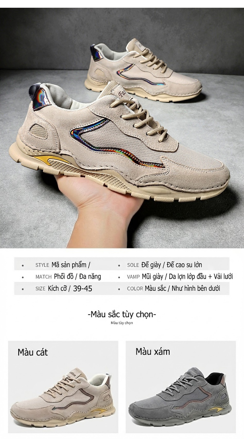 Giày Thể Thao Nam Da Mờ Dáng Hiking Chiều Cao Đế Khoảng 4cm Màu Xám chi tiết 3