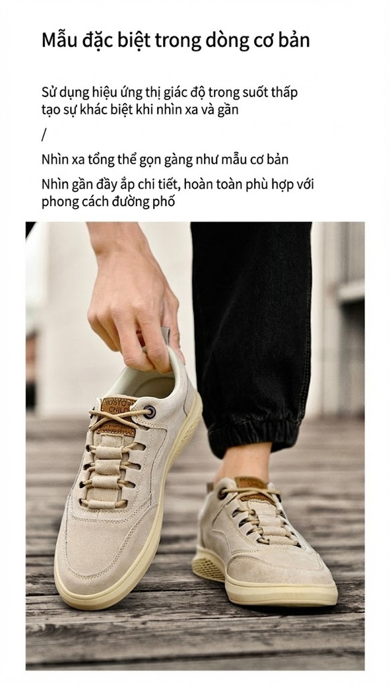 Giày Thể Thao Nam Da Mờ Thoáng Khí Chiều Cao Đế Khoảng 3cm Màu Be, Nâu chi tiết 2