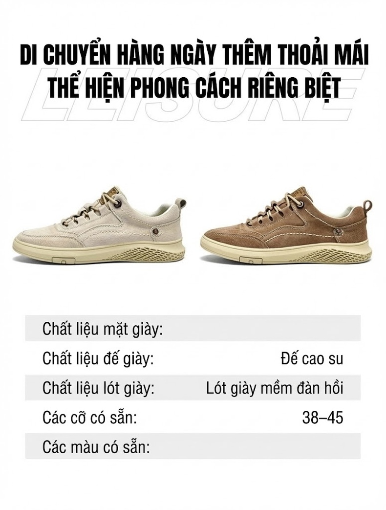 Giày Thể Thao Nam Da Mờ Thoáng Khí Chiều Cao Đế Khoảng 3cm Màu Be, Nâu chi tiết 5