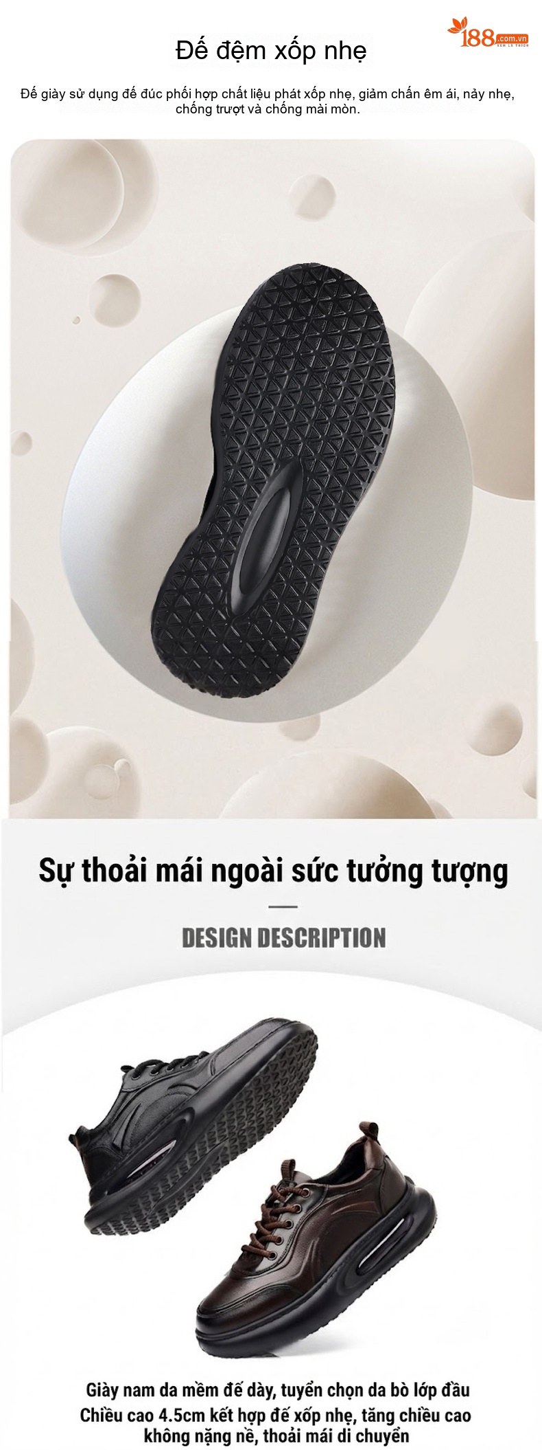 Giày Thể Thao Nam Da Thật Đế Khí Chiều Cao Đế Khoảng 4cm Màu Đen, Nâu chi tiết 7
