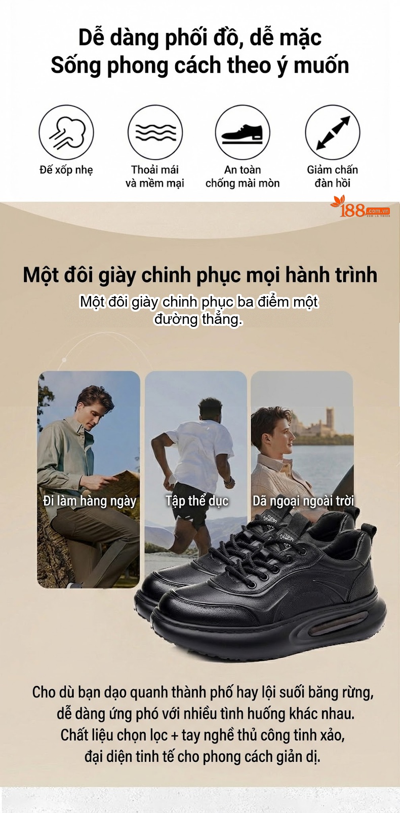 Giày Thể Thao Nam Da Thật Đế Khí Chiều Cao Đế Khoảng 4cm Màu Đen, Nâu chi tiết 1