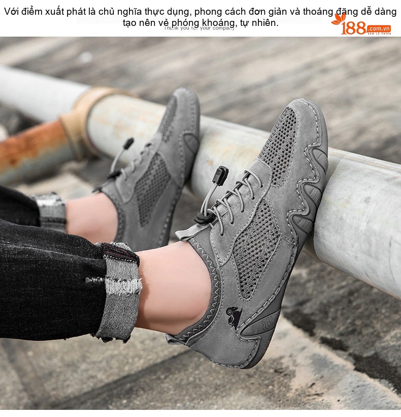 Giày Thể Thao Nam Khâu Viền Da Mờ Lưới Thoáng Khí Chiều Cao Đế Khoảng 3cm Màu Be, Xám chi tiết 27