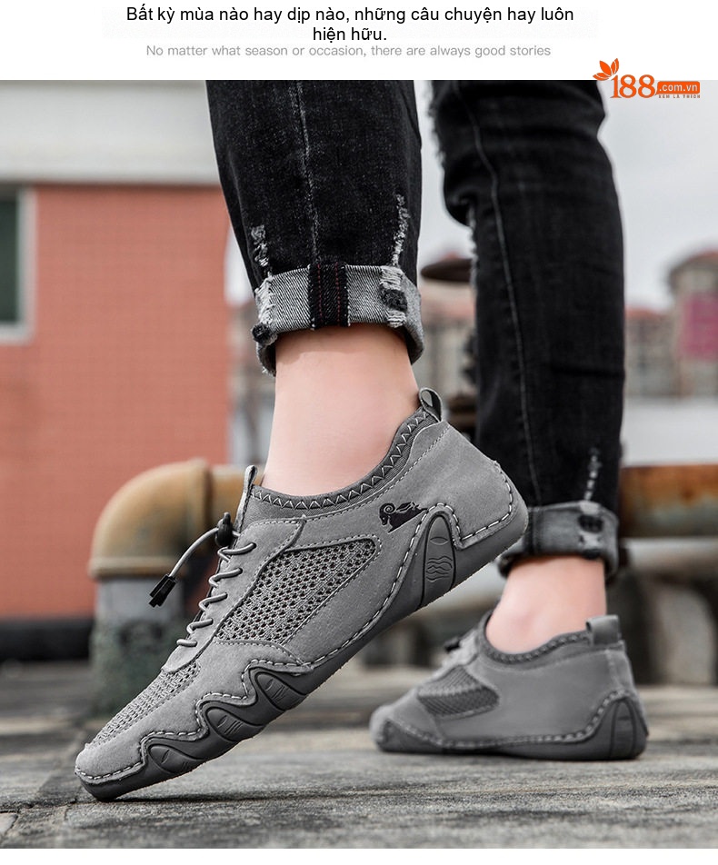 Giày Thể Thao Nam Khâu Viền Da Mờ Lưới Thoáng Khí Chiều Cao Đế Khoảng 3cm Màu Be, Xám chi tiết 28