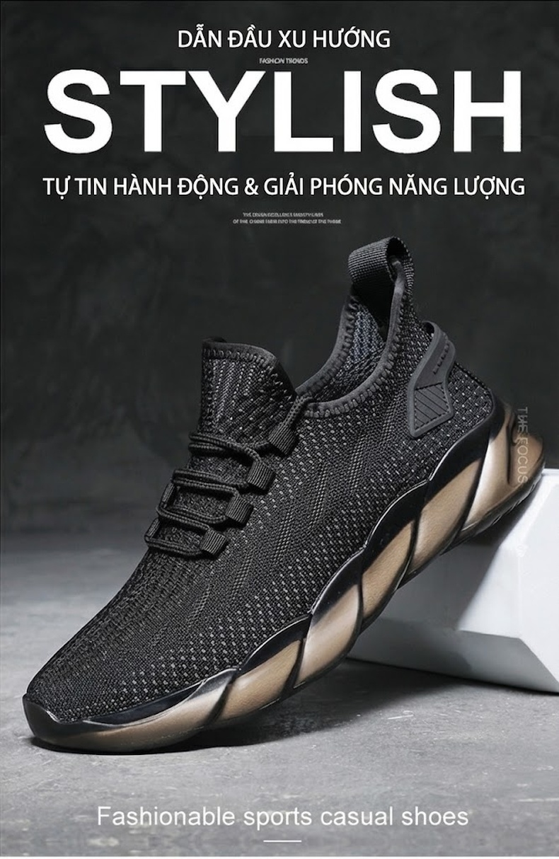Giày Thể Thao Nam Vải Dệt Kim Thoáng Khí Chiều Cao Đế Khoảng 3cm Màu Đen chi tiết 1