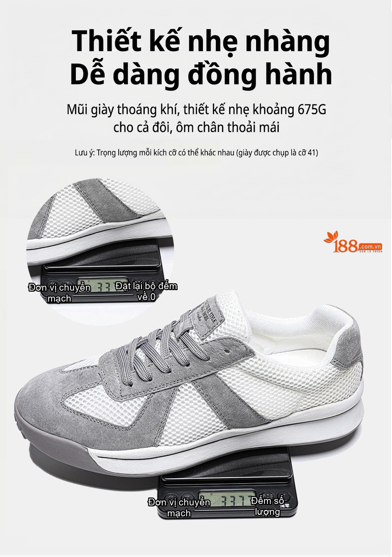 Giày Thể Thao Nam Vải Lưới Da Mờ Chiều Cao Đế Khoảng 3cm Màu Be, Xám chi tiết 9
