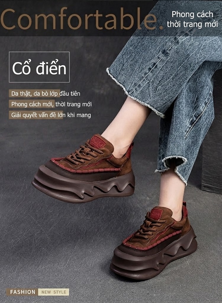 Giày Thể Thao Nữ Buộc Dây Da Mờ Đế Dày Chiều Cao Đế Khoảng 5cm Màu Nâu, Đỏ, Xanh chi tiết 1
