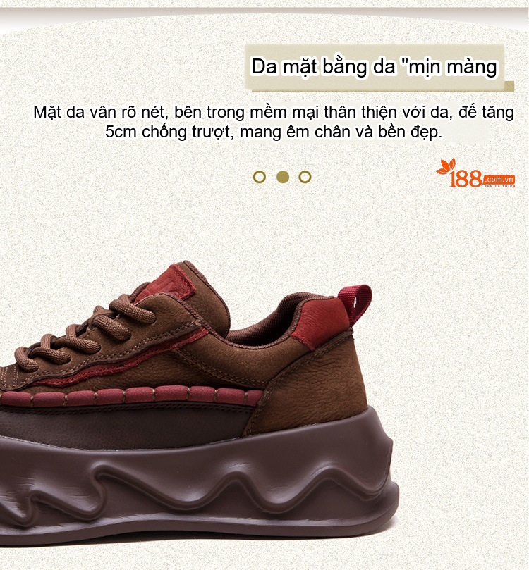 Giày Thể Thao Nữ Buộc Dây Da Mờ Đế Dày Chiều Cao Đế Khoảng 5cm Màu Nâu, Đỏ, Xanh chi tiết 3