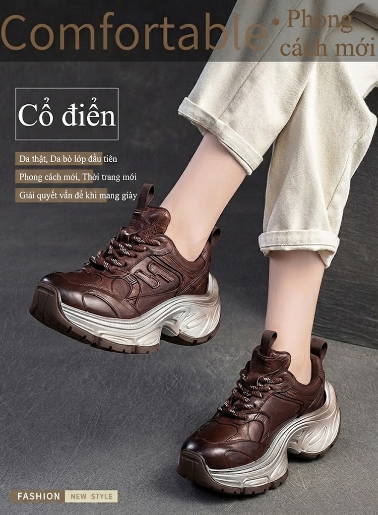 Giày Thể Thao Nữ Cổ Điển Đế Bánh Mì Chiều Cao Đế Khoảng 5cm Phong Cách Vintage Màu Đen, Nâu chi tiết 1