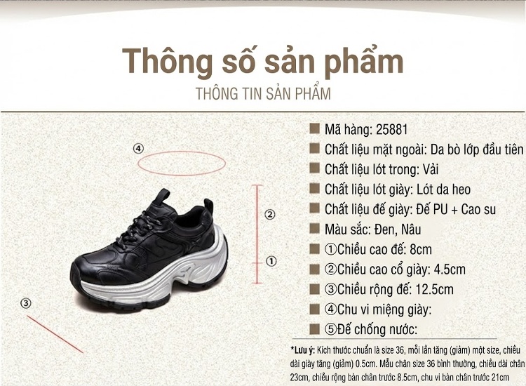 Giày Thể Thao Nữ Cổ Điển Đế Bánh Mì Chiều Cao Đế Khoảng 5cm Phong Cách Vintage Màu Đen, Nâu chi tiết 2