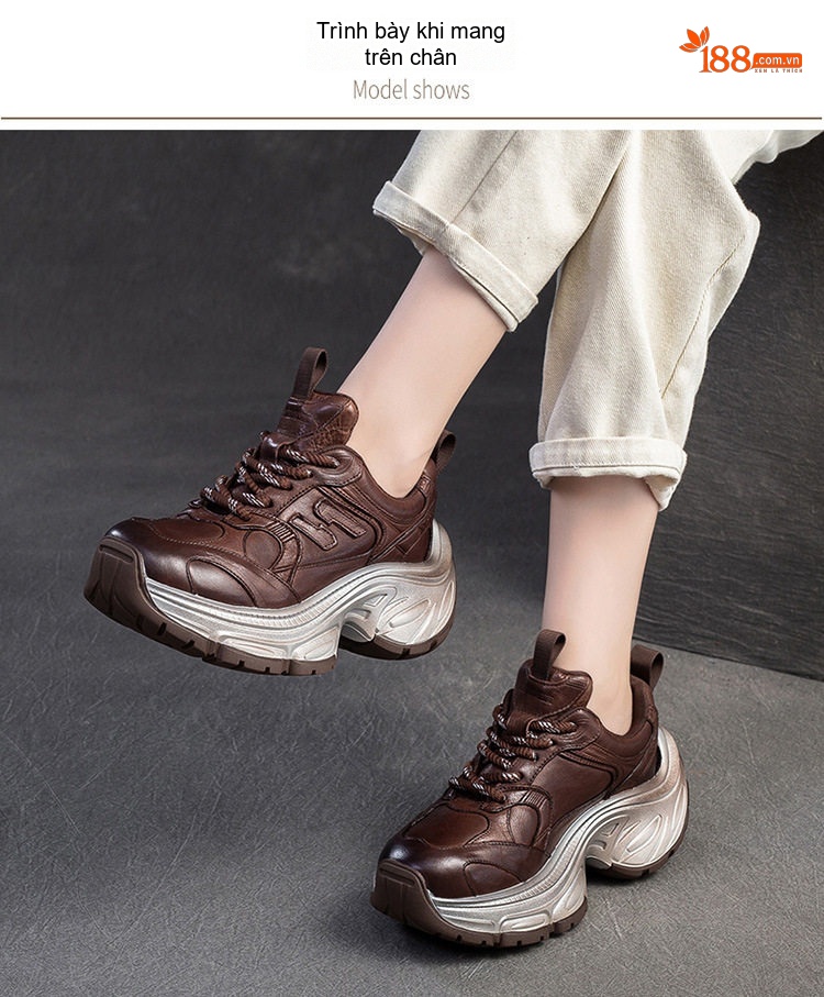 Giày Thể Thao Nữ Cổ Điển Đế Bánh Mì Chiều Cao Đế Khoảng 5cm Phong Cách Vintage Màu Đen, Nâu chi tiết 7