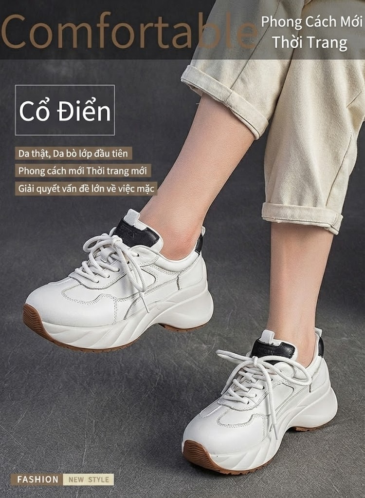 Giày Thể Thao Nữ Cổ Điển Đế Cao Khoảng 4cm Màu Trắng, Nâu, Đen chi tiết 2