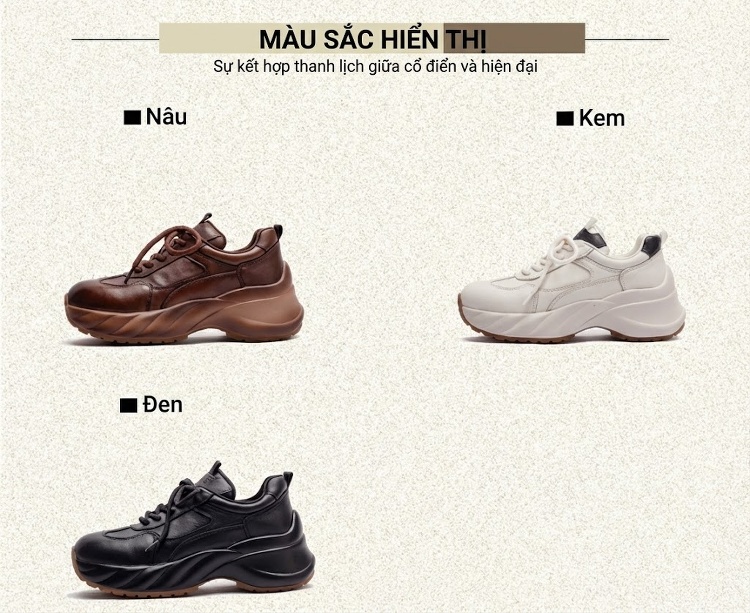 Giày Thể Thao Nữ Cổ Điển Đế Cao Khoảng 4cm Màu Trắng, Nâu, Đen chi tiết 3