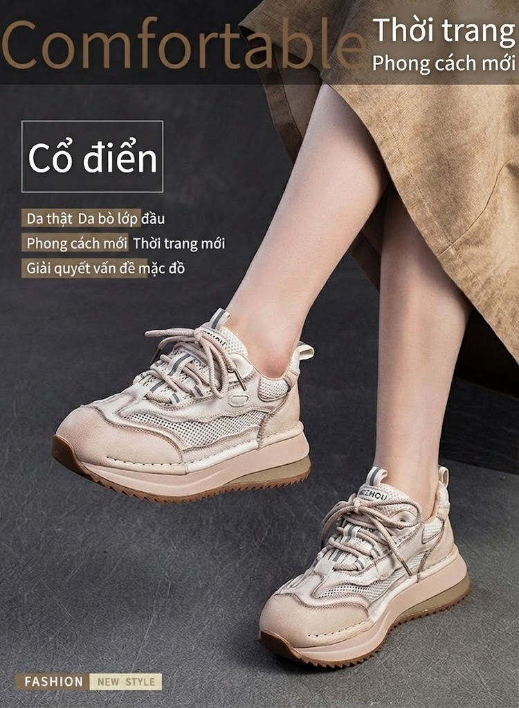 Giày Thể Thao Nữ Cổ Điển Đế Dày Chiều Cao Đế Khoảng 4cm Phối Màu Kem, Đỏ, Vàng chi tiết 1