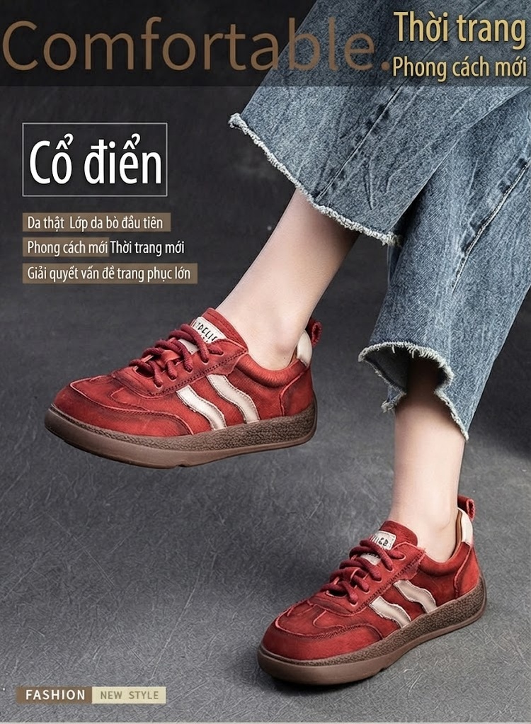 Giày Thể Thao Nữ Cổ Điển Phối Màu Chiều Cao Đế Khoảng 3cm Màu Nâu, Đỏ chi tiết 1