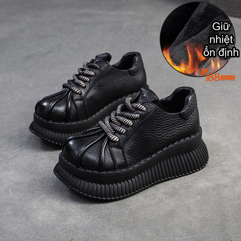 Giày Thể Thao Nữ Da Bò Đế Dày Chiều Cao Đế Khoảng 5cm Màu Đen, Nâu