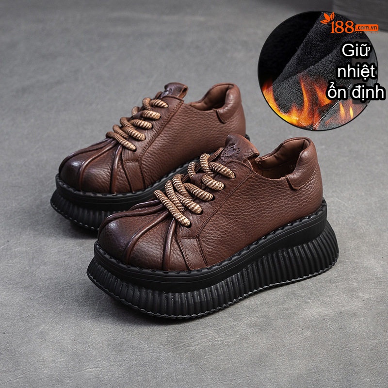 Giày Thể Thao Nữ Da Bò Đế Dày Chiều Cao Đế Khoảng 5cm Màu Đen, Nâu