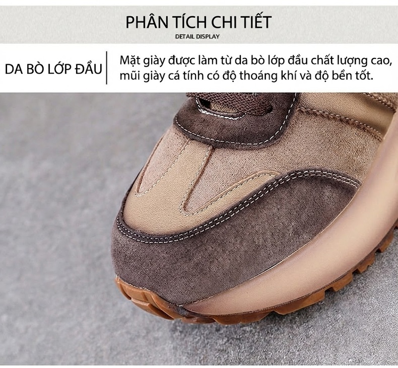 Giày Thể Thao Nữ Da Bò Đế Dày Chiều Cao Đế Khoảng 5cm Màu Nâu, Đen chi tiết 5