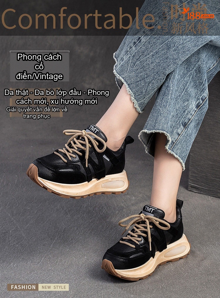Giày Thể Thao Nữ Da Bò Đế Dày Phong Cách Retro Chiều Cao Đế Khoảng 4cm Màu Đen, Nâu chi tiết 2