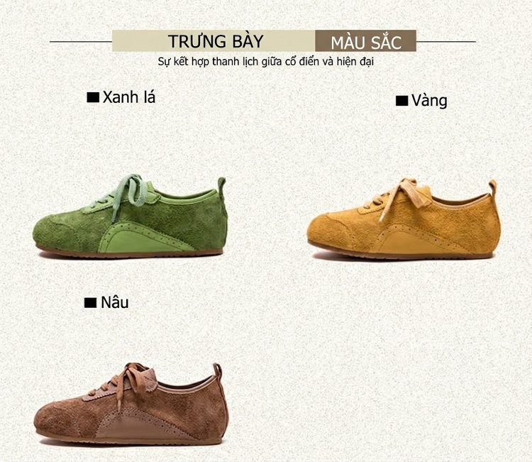 Giày Thể Thao Nữ Da Bò Kiểu Anh Chiều Cao Đế Khoảng 1cm Màu Nâu, Vàng, Xanh Lá chi tiết 3