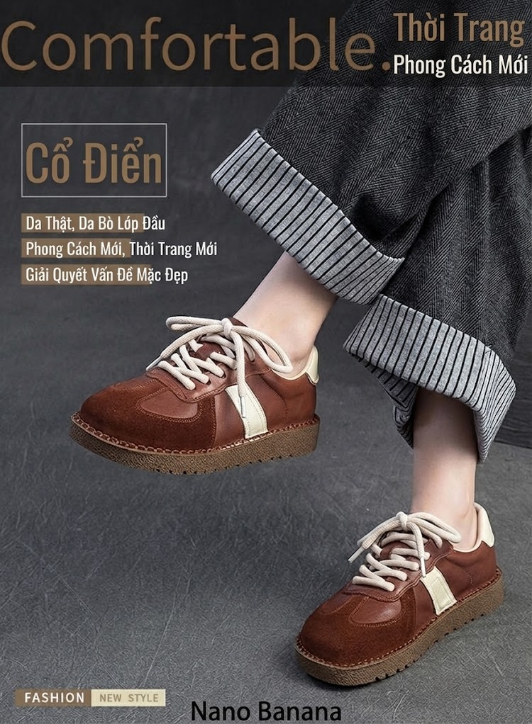 Giày Thể Thao Nữ Da Bò Kiểu Đức Chiều Cao Đế Khoảng 3cm Màu Nâu, Kem chi tiết 2