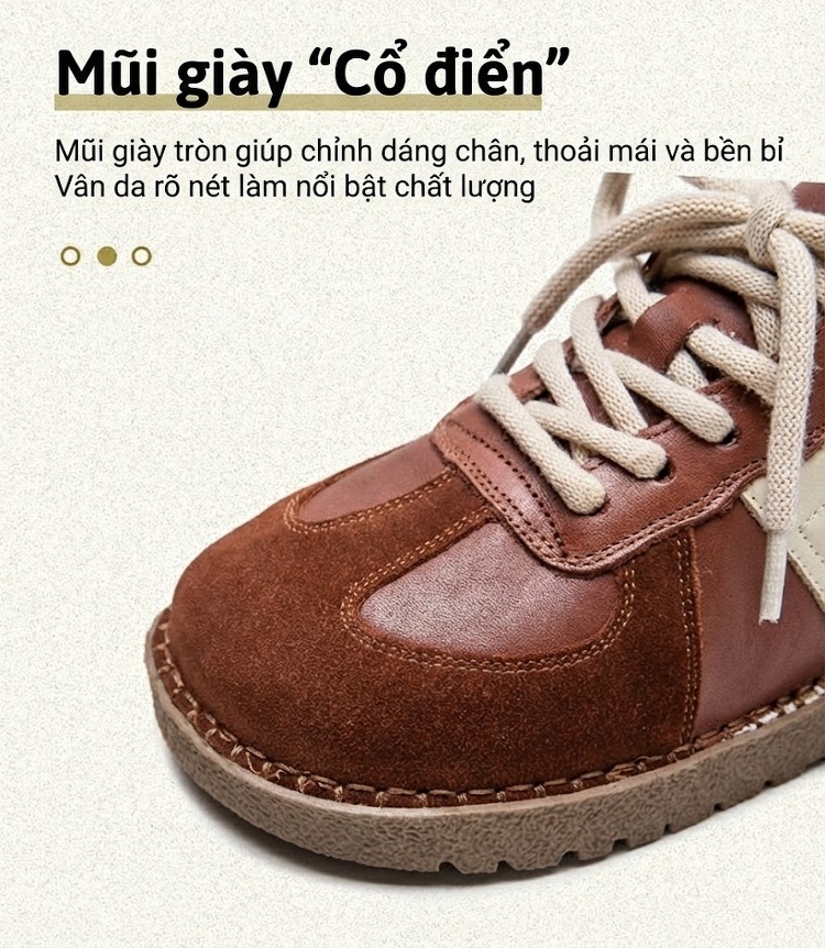 Giày Thể Thao Nữ Da Bò Kiểu Đức Chiều Cao Đế Khoảng 3cm Màu Nâu, Kem chi tiết 5