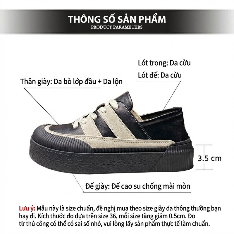 Giày Thể Thao Nữ Da Bò Lộn Chiều Cao Đế 3.5cm Màu Đen, Trắng Kem