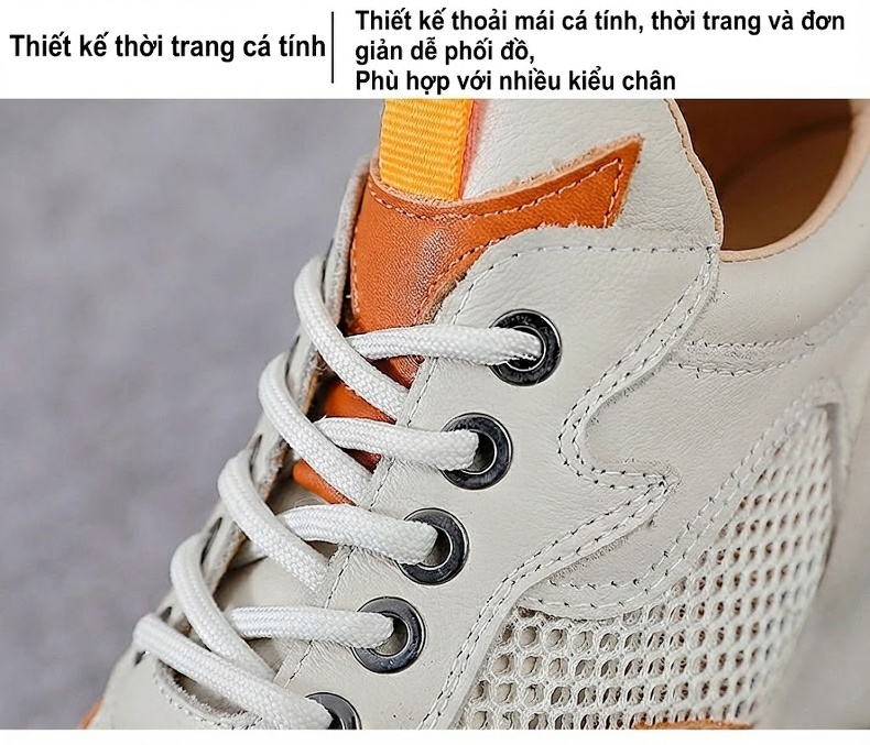 Giày Thể Thao Nữ Da Bò Lưới Thoáng Khí Chiều Cao Đế Khoảng 5cm Màu Trắng Kem, Xanh Lá, Cam chi tiết 5