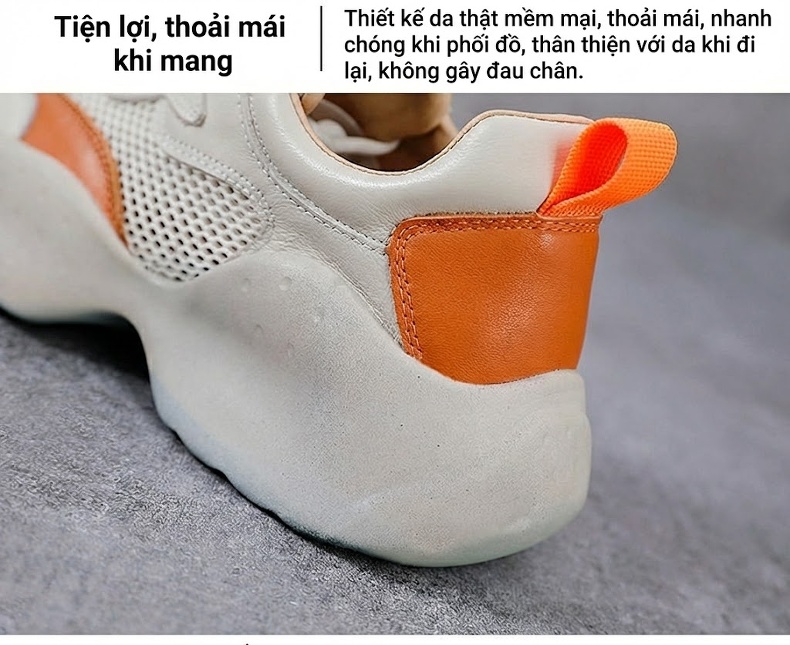 Giày Thể Thao Nữ Da Bò Lưới Thoáng Khí Chiều Cao Đế Khoảng 5cm Màu Trắng Kem, Xanh Lá, Cam chi tiết 6