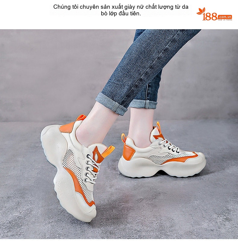 Giày Thể Thao Nữ Da Bò Lưới Thoáng Khí Chiều Cao Đế Khoảng 5cm Màu Trắng Kem, Xanh Lá, Cam chi tiết 2