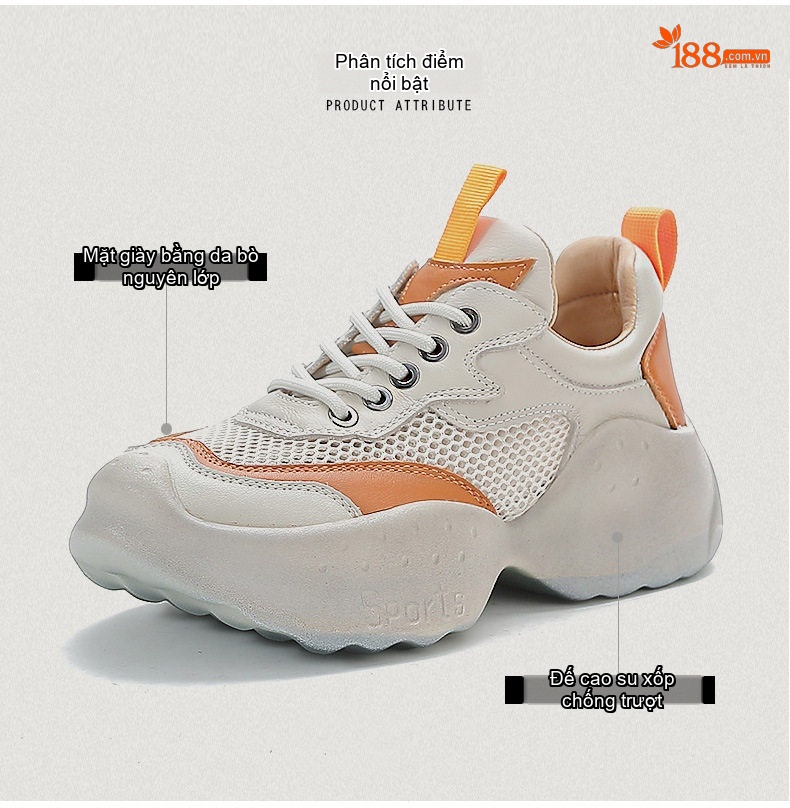 Giày Thể Thao Nữ Da Bò Lưới Thoáng Khí Chiều Cao Đế Khoảng 5cm Màu Trắng Kem, Xanh Lá, Cam chi tiết 3