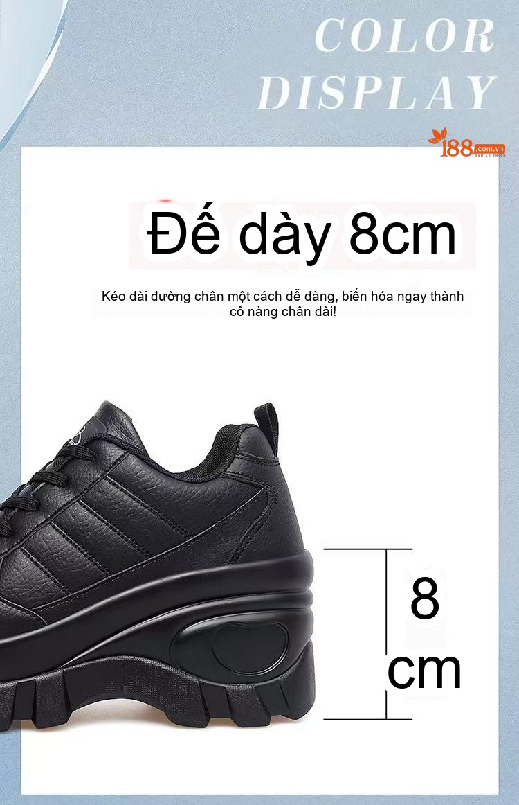 Giày Thể Thao Nữ Da Bóng Đế Dày 8cm Tăng Chiều Cao Chống Trượt Màu Đen, Trắng chi tiết 4