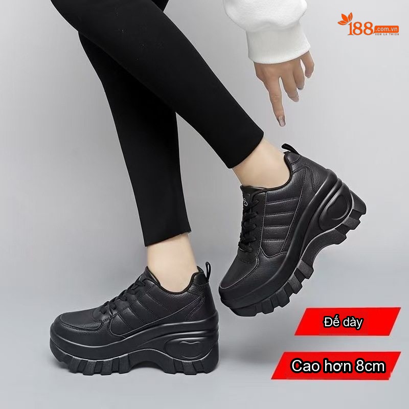 Giày Thể Thao Nữ Da Bóng Đế Dày 8cm Tăng Chiều Cao Chống Trượt Màu Đen, Trắng