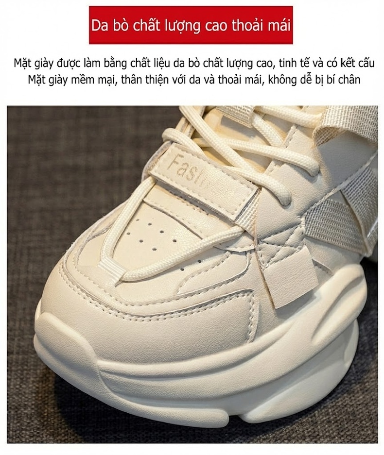 Giày Thể Thao Nữ Da Mềm Chiều Cao Đế Khoảng 5cm Phong Cách Hàn Quốc Màu Trắng chi tiết 7