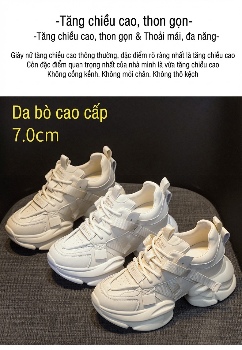 Giày Thể Thao Nữ Da Mềm Chiều Cao Đế Khoảng 5cm Phong Cách Hàn Quốc Màu Trắng chi tiết 2