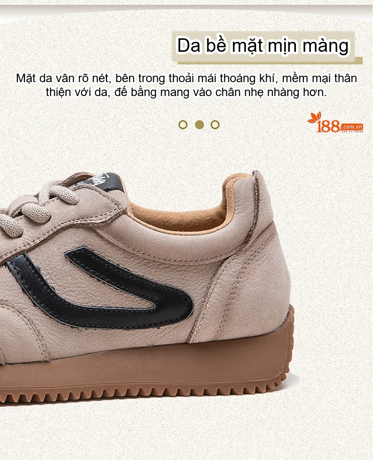 Giày Thể Thao Nữ Da Mờ Cổ Điển Chiều Cao Đế Khoảng 3cm Màu Nâu, Kem chi tiết 3