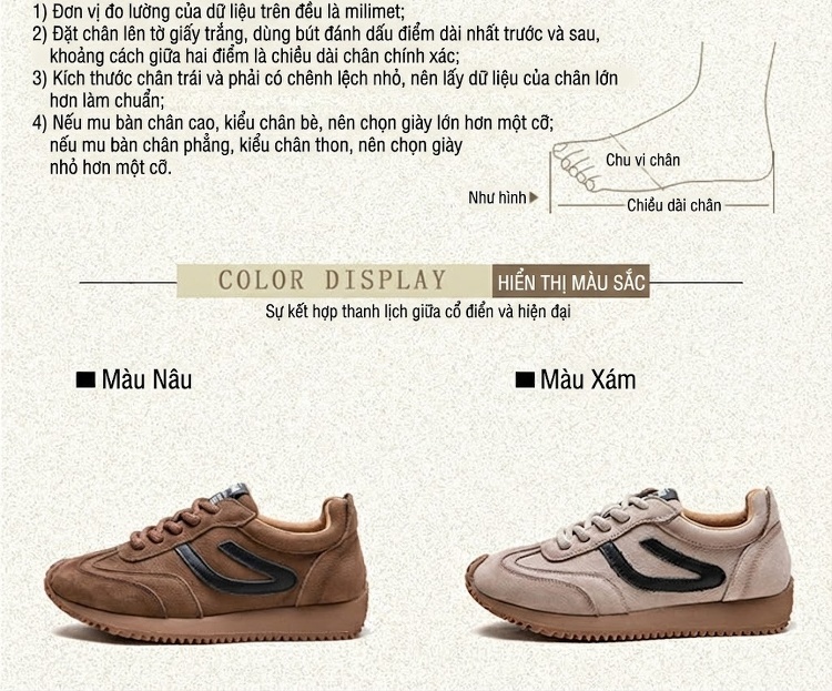 Giày Thể Thao Nữ Da Mờ Cổ Điển Chiều Cao Đế Khoảng 3cm Màu Nâu, Kem chi tiết 2