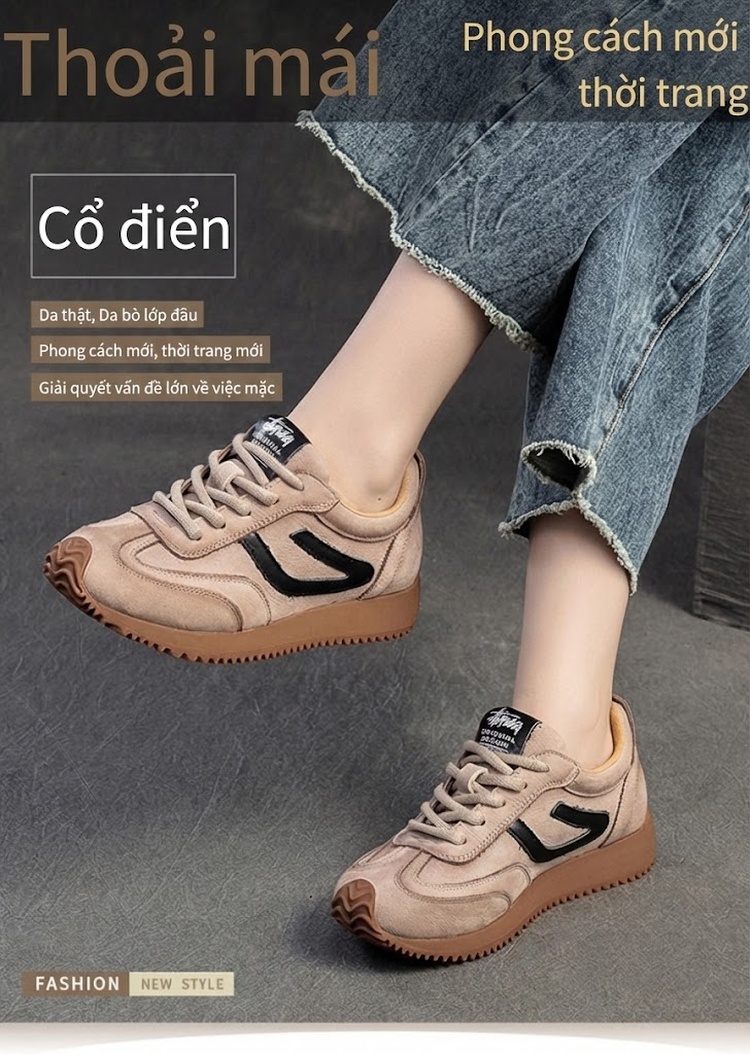 Giày Thể Thao Nữ Da Mờ Cổ Điển Chiều Cao Đế Khoảng 3cm Màu Nâu, Kem chi tiết 1