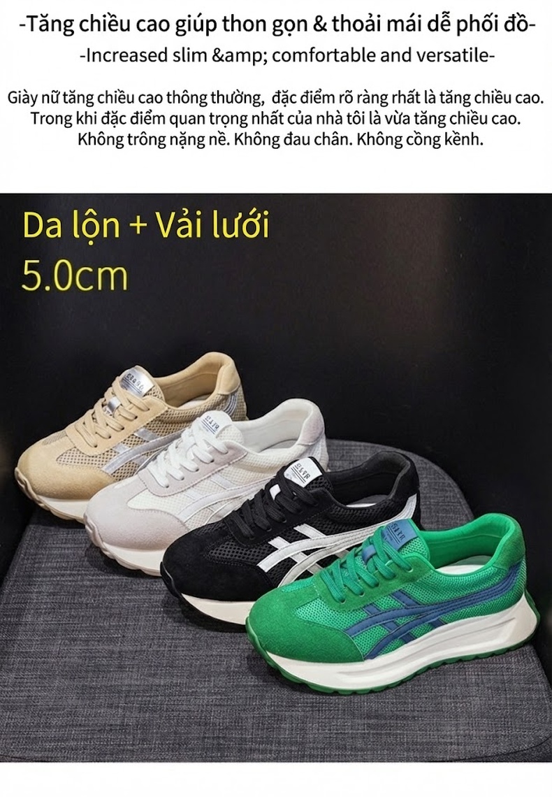 Giày Thể Thao Nữ Da Mờ Lưới Thoáng Khí Chiều Cao Đế 5cm Phong Cách Hàn Quốc Màu Xám, Đen, Xanh, Nâu... chi tiết 2