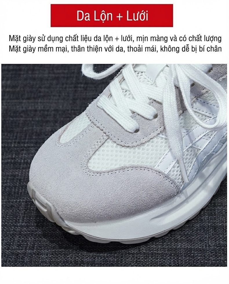 Giày Thể Thao Nữ Da Mờ Lưới Thoáng Khí Chiều Cao Đế 5cm Phong Cách Hàn Quốc Màu Xám, Đen, Xanh, Nâu... chi tiết 8