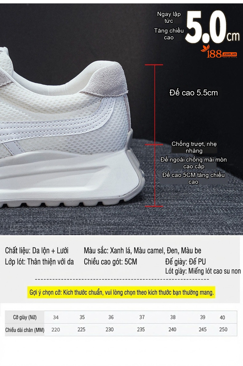 Giày Thể Thao Nữ Da Mờ Lưới Thoáng Khí Chiều Cao Đế 5cm Phong Cách Hàn Quốc Màu Xám, Đen, Xanh, Nâu... chi tiết 5