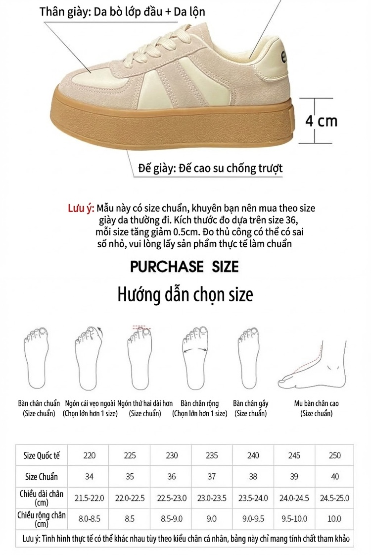 Giày Thể Thao Nữ Da Thật Đế Dày 4cm Kiểu Đức Cổ Điển Buộc Dây Màu Kem, Nâu, Đen chi tiết 2