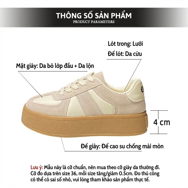 Giày Thể Thao Nữ Da Thật Đế Dày 4cm Kiểu Đức Cổ Điển Buộc Dây Màu Kem, Nâu, Đen