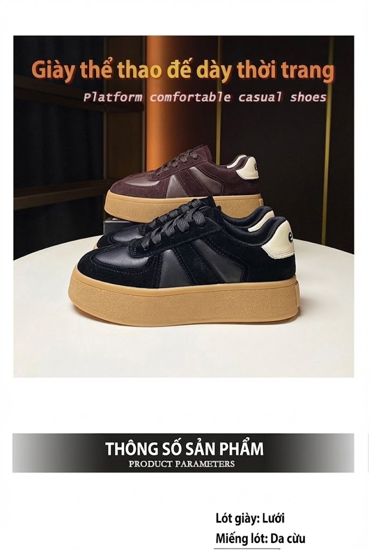 Giày Thể Thao Nữ Da Thật Đế Dày 4cm Kiểu Đức Cổ Điển Buộc Dây Màu Kem, Nâu, Đen chi tiết 1