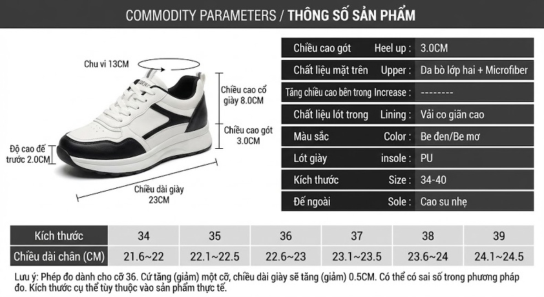 Giày Thể Thao Nữ Da Thật Đế Dày Phong Cách Retro Chiều Cao Đế Khoảng 4cm Màu Trắng, Đen chi tiết 4