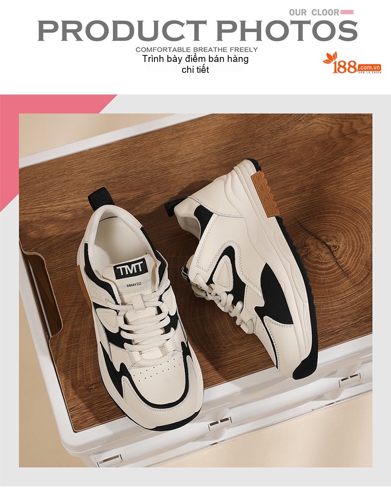 Giày Thể Thao Nữ Da Thật Đế Dày Phong Cách Retro Chiều Cao Đế Khoảng 4cm Màu Trắng, Đen chi tiết 5